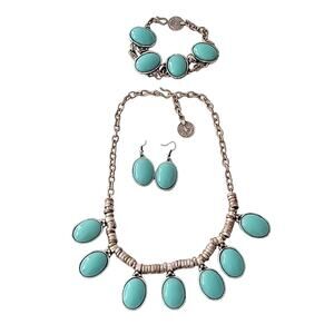 Vintage Necklace Bracelet and Earring Set Silvertone with Turquoise Color Beads